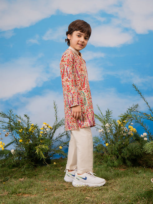 Boy's Cream Crepe Kurta And Pyjama Set